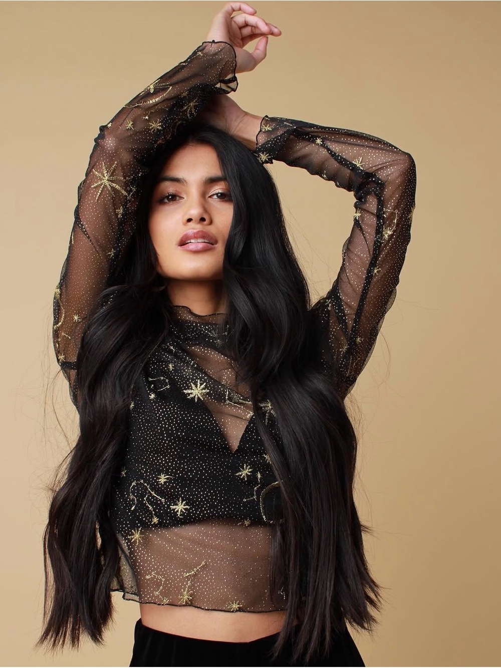 Celestial Embroidered Sheer Top - Black and Gold (UK brand)
